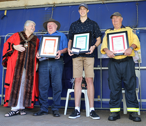 Photograph: Moree Australia Day award winners. Left to right: Mayor Katrina Humphries, Barrie Brooks, Rhys Devney and Darryl Brady. 