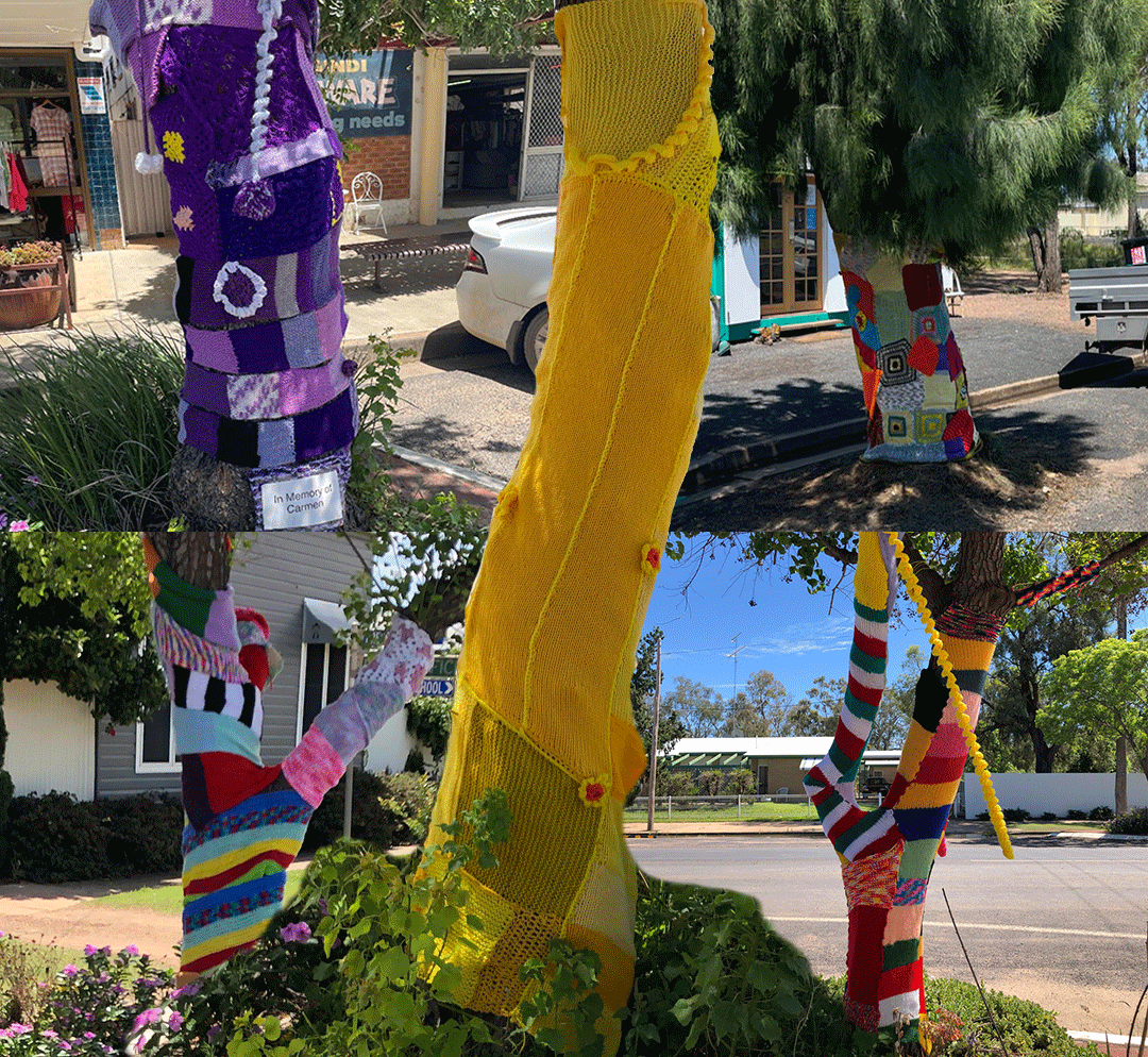Yarn bombing in Mungindi w