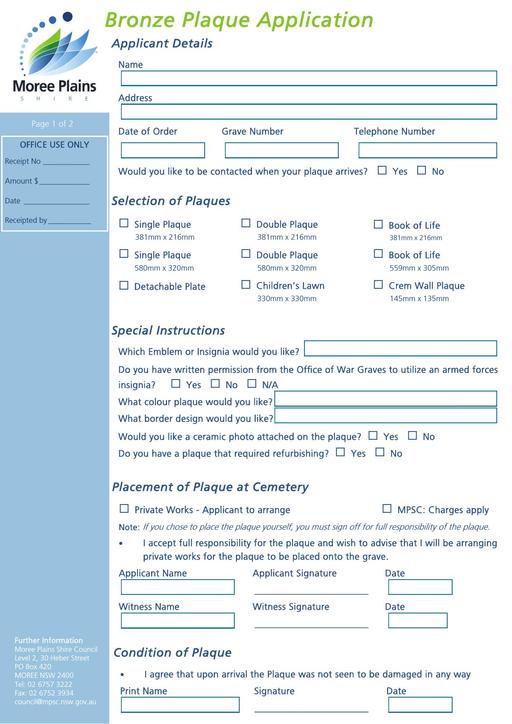 Bronze Plaque Application Form