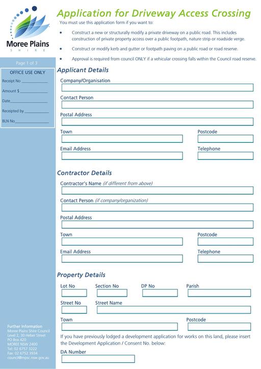 Application for Driveway Access Crossing Form