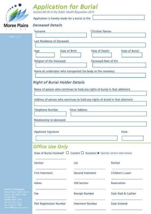 Application for Burial Form