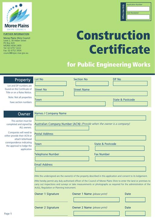Construction Certificate for Engineering Works Application