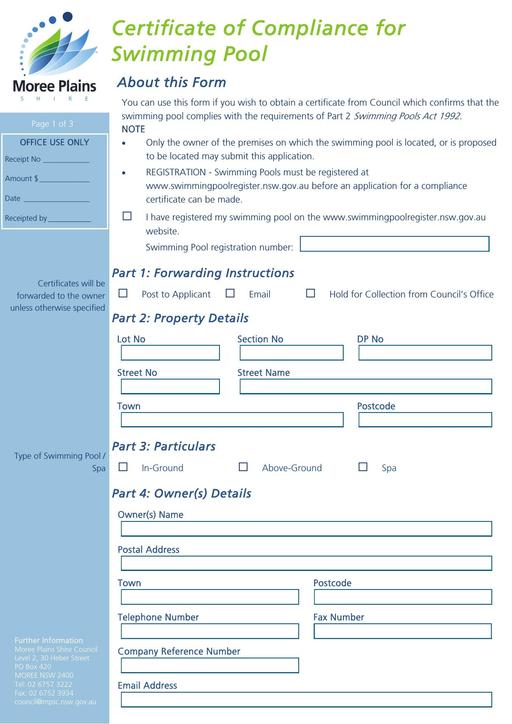Compliance Certificate for Swimming Pool Form