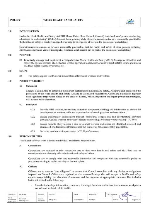 Work Health Safety Policy 2012