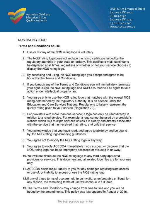 Terms and Conditions of use