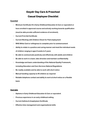 Gwydir Day Care Casual Employee Checklist