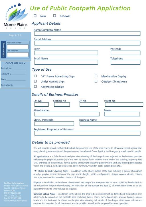 Use of Councils Footpath Permit Application Form