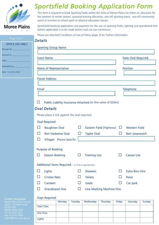 Sportsfield Booking Application Form