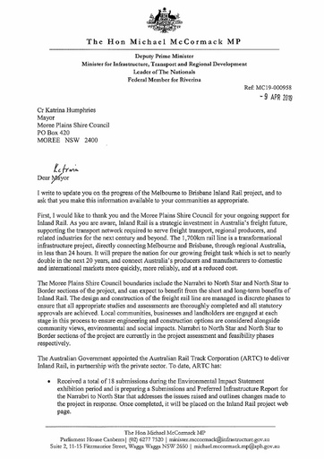 Deputy Prime Minister Inland Rail Project Update Letter April 2019
