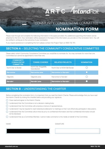 Inland Rail Community Consultative Committee Nomination Form