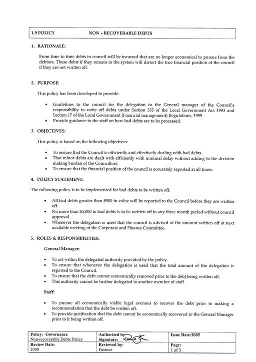 Non Recoverable Debts Policy