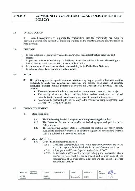 Community Voluntary Road Policy