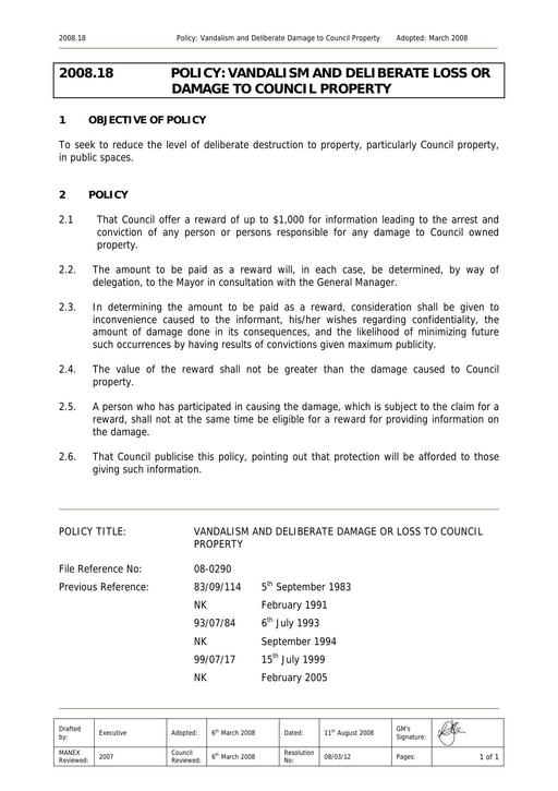 Vandalism and deliberate loss or damage to Council Property Policy