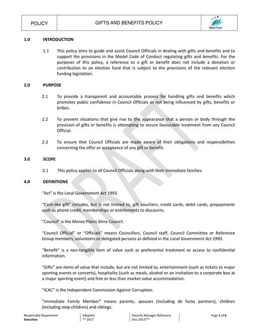 Draft Gifts and Benefits Policy