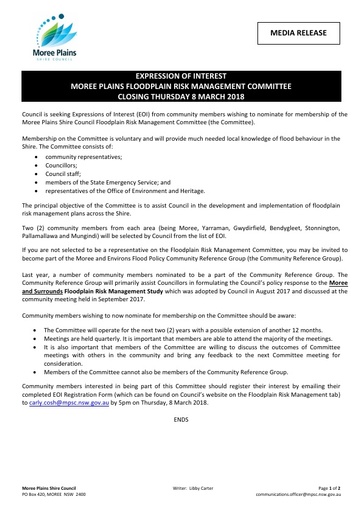 Expression of Interest   Floodplain Risk Management Committee
