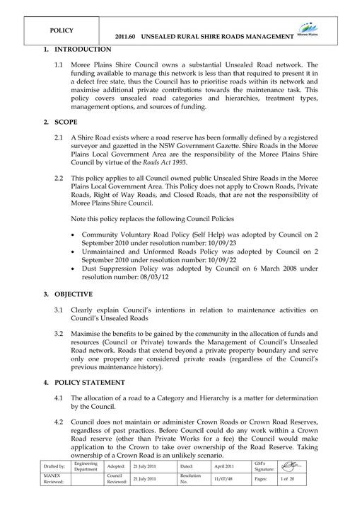 Unsealed Rural Shire Road Policy
