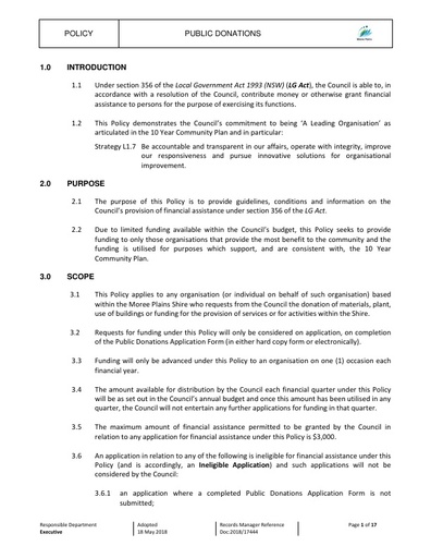 Public Donations Financial Assistance Policy 2018