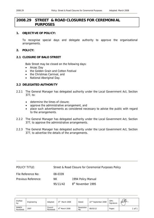 Street and Road Closures for Ceremonial Purposes Policy