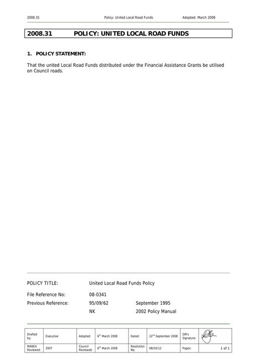 United Local Road Funds Policy
