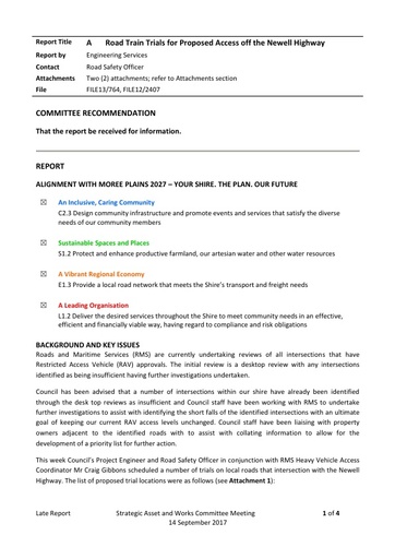 Council Committee Meeting   Strategic Asset and Works   14 September 2017   Late Report   Road Train Trials for Proposed Access off the Newell Highway