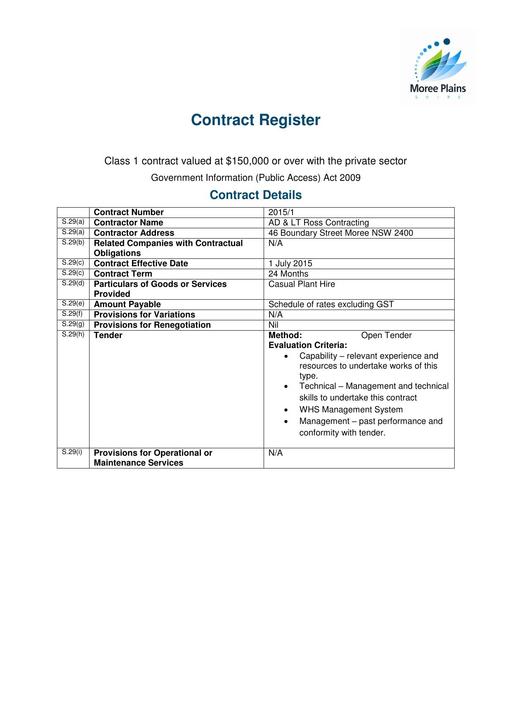 2015 Current Contract AD & LT Ross Contracting
