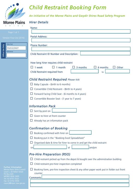 Child Restraint Hiring Booking Form